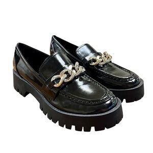 Guess Black Patent Leather Chain-Accent Lug Sole Loafers